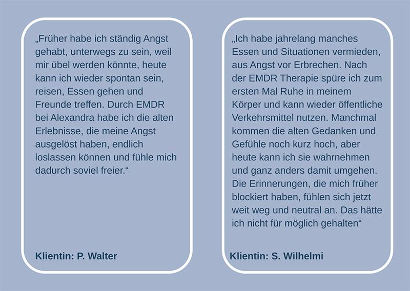 Grafik mit zwei Erfahrungsberichten über die Emetophobie Therapie: Betroffene berichten von ersten positiven Veränderungen und mehr Sicherheit im Alltag
